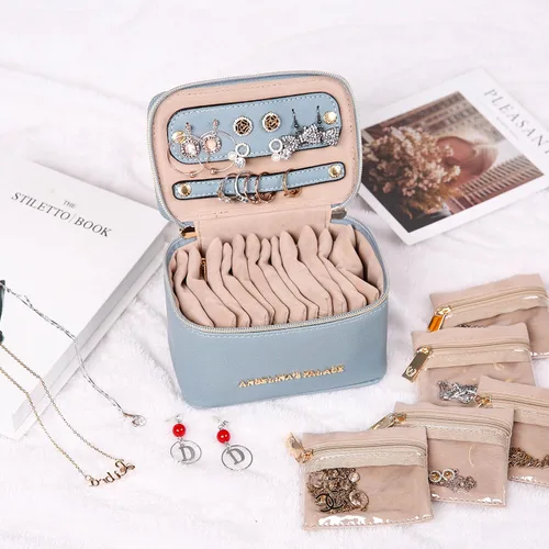 Vista 7 de Angelinas Palace Estuche organizador de joyas regalos de dama de honor bolsa de viaje caja de cuero vegano para collar aretes pulsera anillo azul
