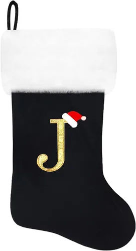 Vista 72 de Calcetines de Navidad bordados de 20 pulgadas con monograma, terciopelo negro con puño de felpa blanca supersuave, adornos clásicos para decoración