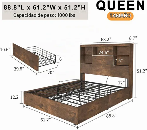 Vista 2 de LUXOAK Marco de cama tamaño Queen con cabecera de estantería LED