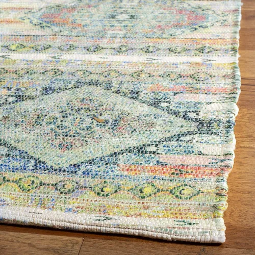 Vista 2 de SAFAVIEH Saffron Collection - Alfombra decorativa de 2 pies 3 pulgadas x 3 pies 9 pulgadas, color crema y azul, hecha a mano de algodón desgastado
