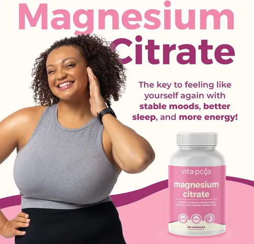 Vista 3 de VITA-PCOS Cápsulas de citrato de magnesio para mujeres 198.5 mg – Suplemento de magnesio puro de alta absorción para energía, estables de ánimo