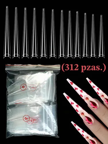 Vista 5 de 312 piezas de puntas de uñas de tacón extra largas para uñas acrílicas profesionales, puntas de uñas de tacón de media cubierta 4XL, extensión