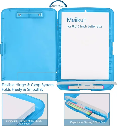 Vista 5 de Meiikun Portapapeles con almacenamiento, portapapeles de plástico de 8.5 x 11 pulgadas con soporte para bolígrafo, carpeta portapapeles de Azul