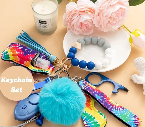 Vista 4 de Juego de llaveros para mujer, llavero de cuentas, pulsera, juego completo de llaveros, accesorios de bálsamo labial, llavero sin contacto