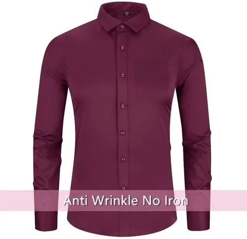 Vista 3 de HUUTOE Camisas de vestir para hombre, manga larga, ajuste regular, color sólido, elástico, para negocios, boda, graduación, camisa grande y alta
