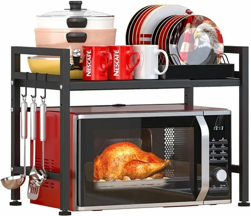Vista 11 de PUSDON Estante para horno de microondas, estante ajustable resistente de 3 niveles con 3 ganchos para organizador de encimera de cocina