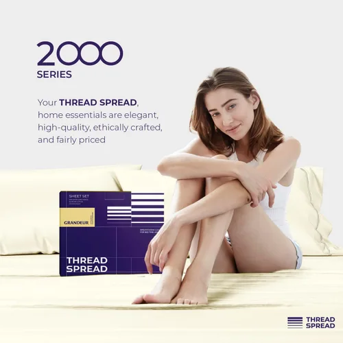 Vista 9 de THREAD SPREAD Juego de sábanas tamaño Queen 100% de algodón egipcio, juego de sábanas de lujo de la serie 2000 (4 piezas, marfil), tejido satinado