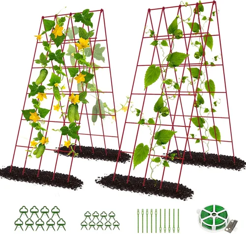 Vista 17 de DoCred Enrejado de jardín de metal con marco en A, 2 unidades, acero recubierto de PVC, perfecto para pepinos, calabaza, guisantes, enredaderas