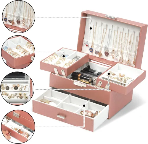 Vista 2 de Dajasan Caja organizadora de joyas, organizador de joyas para mujeres y niñas, 3 capas de almacenamiento grande de joyería para aretes, anillos