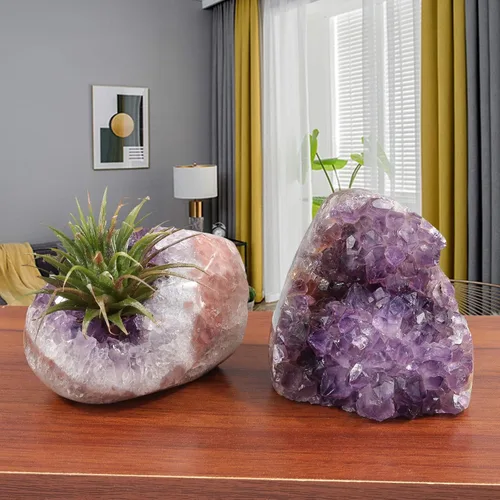 Vista 14 de SUNYIK - Racimo de amatista natural, piedra preciosa en bruto curativa con puntas de cristales, drusa de cuarzo, geoda de mineral, esfera