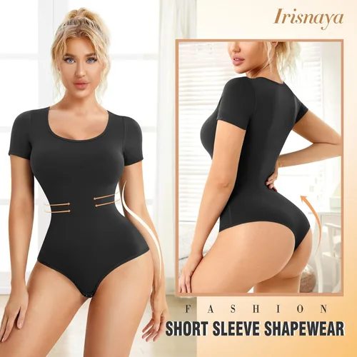 Vista 2 de Irisnaya - Leotardo para mujer con control de abdomen moldeador tanga cuello redondo y manga corta