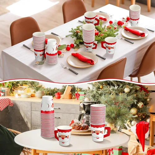Vista 6 de Tioncy 100 vasos de papel desechables de Navidad con asas, 9 onzas, tazas de café de Papá Noel, lindos vasos desechables de chocolate caliente