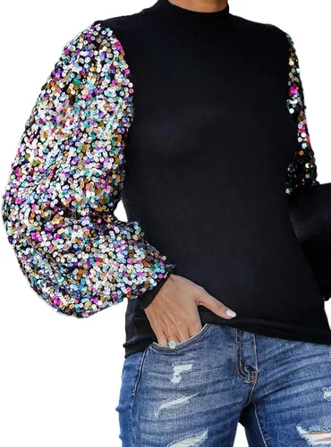 Vista 3 de Anna-Kaci Sudadera de manga larga con cuello alto falso y lentejuelas para mujer