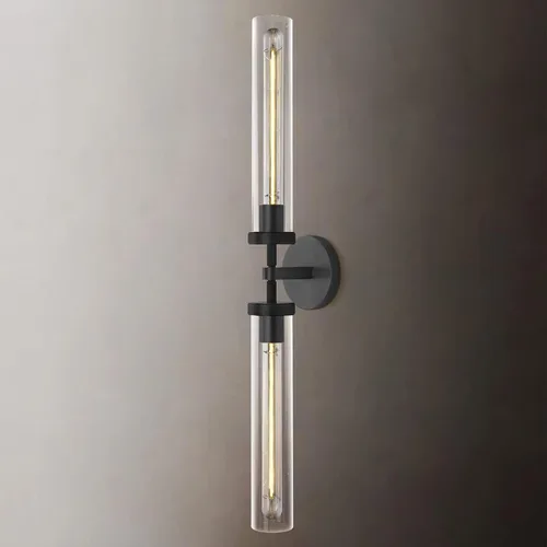 Vista 10 de Lámparas de Pared de Latón Dorado de 2 Luces con Textura Estriada, Lámparas de Pared de Vidrio Doble de 30 Pulgadas, Lámparas de Pared para Tocador