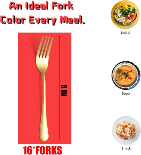 Vista 2 de Tenedores dorados para cena, 16 tenedores de cubiertos de acero inoxidable, juego de tenedores de vajilla pulido con espejo, tenedor de metal