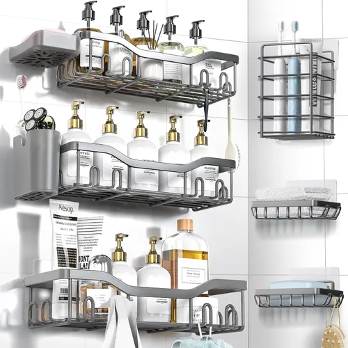 Vista 24 de NESOMI Organizador de Ducha Adhesivo Juego de 7 Piezas, Estantes de Baño de Acero Inoxidable a Prueba de Óxido, Accesorios de Almacenamiento sin