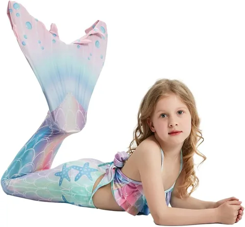 Vista 3 de Traje de baño de 6 piezas para niñas, cola de sirena para nadar, bikini para niños