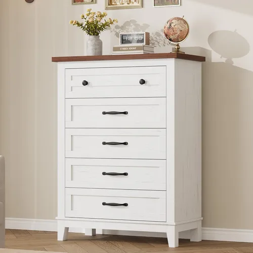 Vista 15 de GarveeHome Cómoda de 5 cajones verticales de 41.3 pulgadas de alto con gran almacenamiento, cómoda de madera independiente para dormitorio, sala