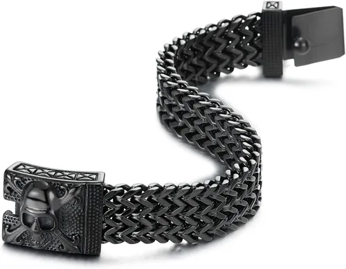 Vista 5 de COOLSTEELANDBEYOND Mens Large Stainless Steel Franco Link Curb Chain Bracelet with Pirate Skulls Clasp