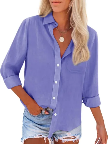 Vista 9 de Camisas de algodón con botones, para mujer, camisas de vestir Oxford, camisas de trabajo de manga larga, blusas con cuello y bolsillo