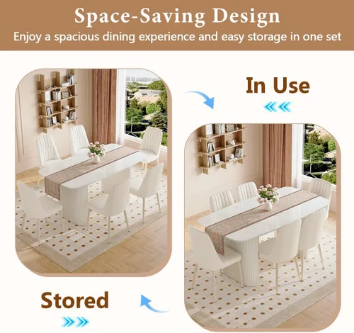 Vista 5 de TesNus Mesa de comedor blanca de 67 pulgadas para 6, moderna mesa de cocina ovalada con esquinas redondeadas, parte superior de mármol sintético