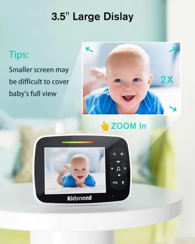 Vista 4 de Kidsneed Monitor de bebé - Monitor de bebé con pantalla de 3.5 pulgadas con cámara y audio, zoom panorámico remoto, visión nocturna, modo VOX