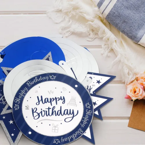 Vista 3 de Decoración de fiesta de serpentinas con purpurina azul y plateada de feliz 11º cumpleaños, 15 piezas de remolinos colgantes de 11 cumpleaños, cartel