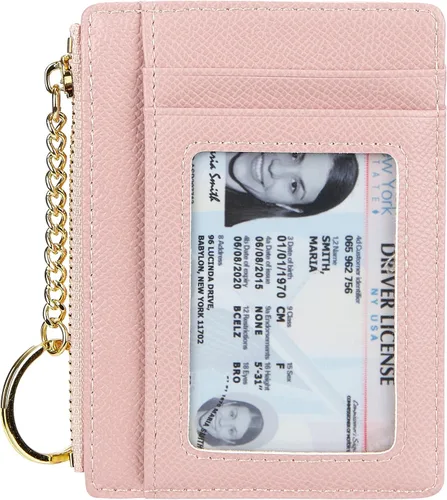 Vista 25 de Tarjetero delgado minimalista para mujer, monedero, monedero, llavero con bolsillo frontal con ventana de identificación