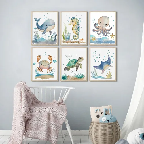 Vista 7 de Juego de 6 decoración de pared de animales marinos para guardería, lienzo de acuarela de océano, arte de pared para habitación de bebés y niños