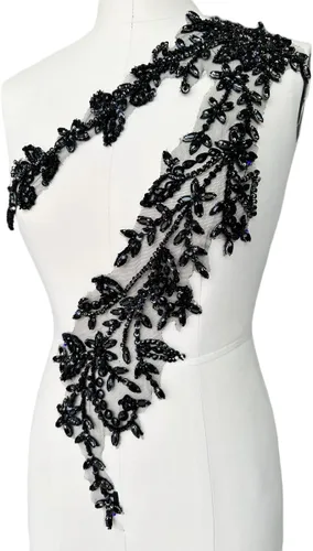 Vista 2 de Parches de lentejuelas brillantes de acrílico hechos a mano en encaje, con cuentas y piedras, para coser, accesorios para vestido de novia (negro)