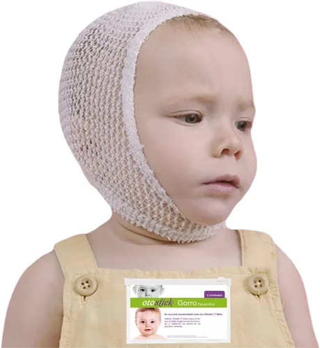 Vista 6 de Otostick Gorro de bebé, 3 tapones correctores de oídos, gorro de protección de oídos para orejas sobresalientes, gorra de malla para sujetar