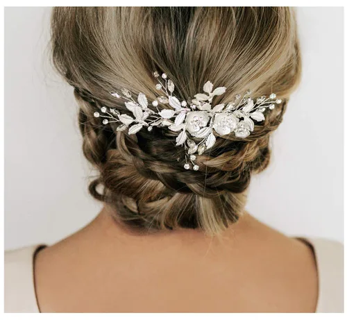 Vista 8 de SWEETV - Peineta de novia con diamantes de imitación, hecha a mano, diseño de flores 1: Oro rosa claro