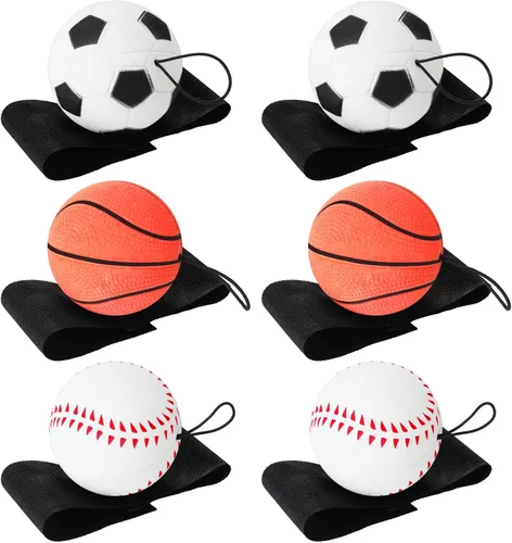 Vista 8 de Skylety 6 Piezas Pelota de Retorno de Muñeca con Cuerda Pelotas Deportivas de Rebote de 2.48 Pulgadas con Correa Elástica Fútbol Baloncesto Béisbol
