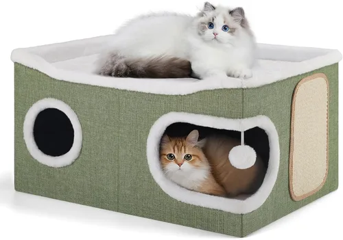 Vista 11 de Casa de Gato de 2 Pisos para Gatos de Interior, Separable en 2 Grandes Camas de Gato Cueva con Condominios Escondidos, Almohadillas para Rascar