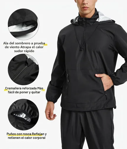 Vista 3 de Junlan - Chaqueta de sauna para hombre, chaqueta de sudor con cremallera, sudadera para entrenamiento, traje de sauna