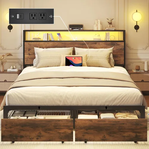 Vista 9 de Base de cama matrimonial con estación de carga, luces LED, 2 cajones Marrón rústico