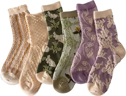 Vista 14 de Juego de 6 pares de calcetines de algodón transpirables de punto floral para mujeres y niñas