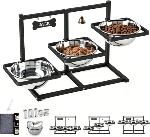 Vista 17 de Soporte elevado para perros medianos y grandes con comedero lento y tapete, altura ajustable de 3.9, 5.5, 7.1, 8.7, 10.2, 11.8 pulgadas, comederos