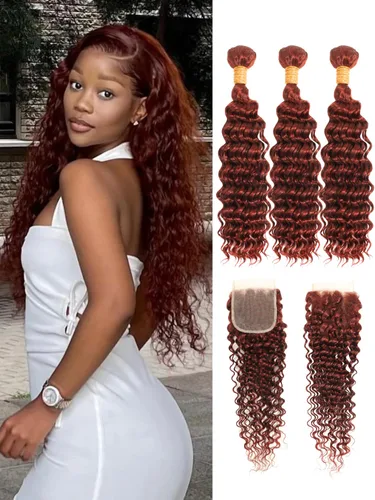 Vista 28 de Cabello Humano Rizado Castaño Rojizo, Trama Gruesa Castaño Cobrizo Rojo Coloreado Ondas Profundas Paquetes Individuales Cabello Humano 12A Tejido
