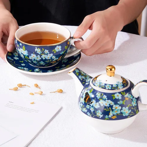 Vista 6 de Juego de té para uno, tetera y taza de porcelana, juego de té para una persona, tetera floral, juego de té de regalo para mujeres, mariposa azul
