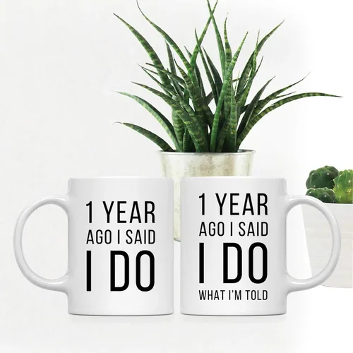 Vista 2 de Andaz Press Divertida taza de café de 11 onzas para parejas con texto en inglés "I Said I Do, I Said I Do What I'm Told", paquete de 2 con caja