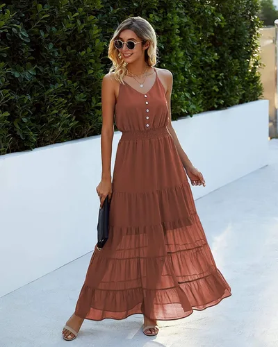 Vista 3 de PRETTYGARDEN Vestido casual de verano para mujer, tirantes delgados, sin mangas, cintura alta, para playa, largo