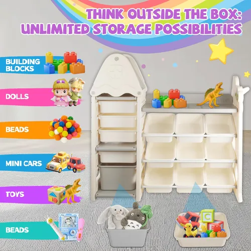 Vista 5 de Organizador de almacenamiento de juguetes para niños de 4 niveles con 14 cubos de juguetes extraíbles, compacto, estilo bohemio, organizador