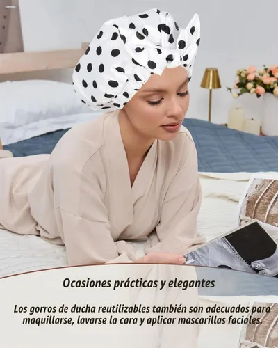 Vista 7 de 2 piezas de gorras de ducha para mujer, gorras de ducha reutilizables impermeables para el cabello con moño ajustable, lujosa gorra de baño para Rosa