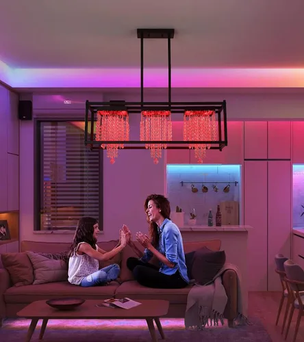 Vista 4 de MEIXISUE Candelabros modernos de cristal K9 RGB LED Rectango, lámparas de araña para comedor, sala de estar, cocina, isla de 33.86 pulgadas de largo