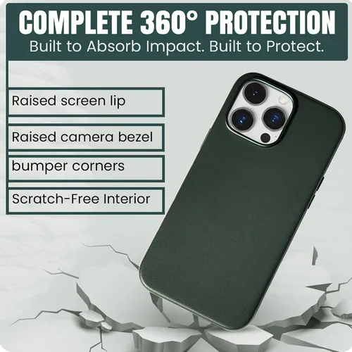 Vista 4 de [Usado] Funda de cuero para iPhone 13 Pro Max, compatible con MagSafe, cuero de grano completo, funda delgada con botones metálicos, color verde