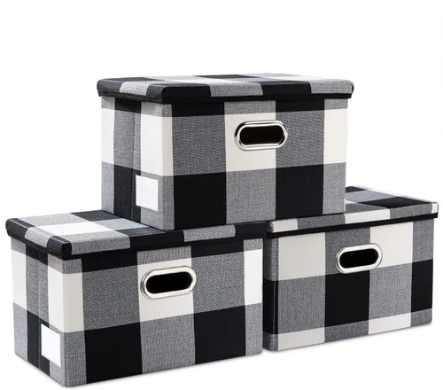 Vista 29 de PRANDOM Contenedores de almacenamiento con tapas [paquete de 3] cajas de almacenamiento plegables de tela de lino, canastas organizadoras, cubos
