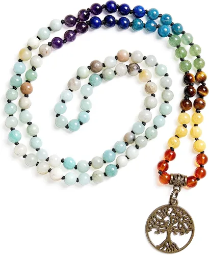Vista 12 de Bivei 7 Chakra 108 Mala Beads Bracelet Real Gemstone Yoga Meditation Hand Knotted Mala Prayer Bead Necklace