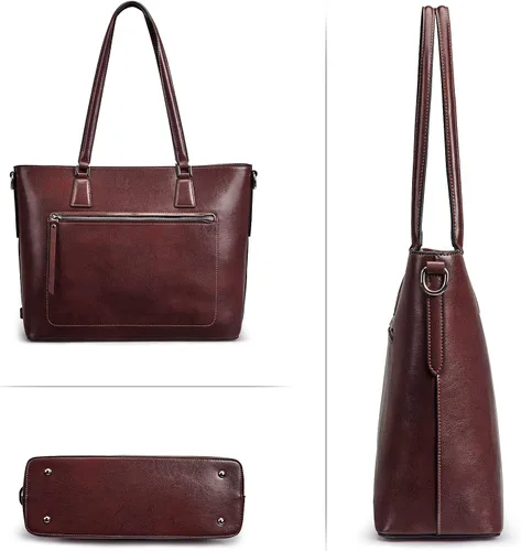 Vista 7 de S-ZONE Bolso de mano de cuero genuino para mujer, maletín vintage, bolso de trabajo, bolso grande de 15.6 pulgadas, L