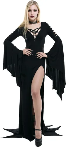 Vista 2 de MEOWCOS - Vestido largo gótico, estilo vintage, cuello en V profundo, abertura lateral, manga larga